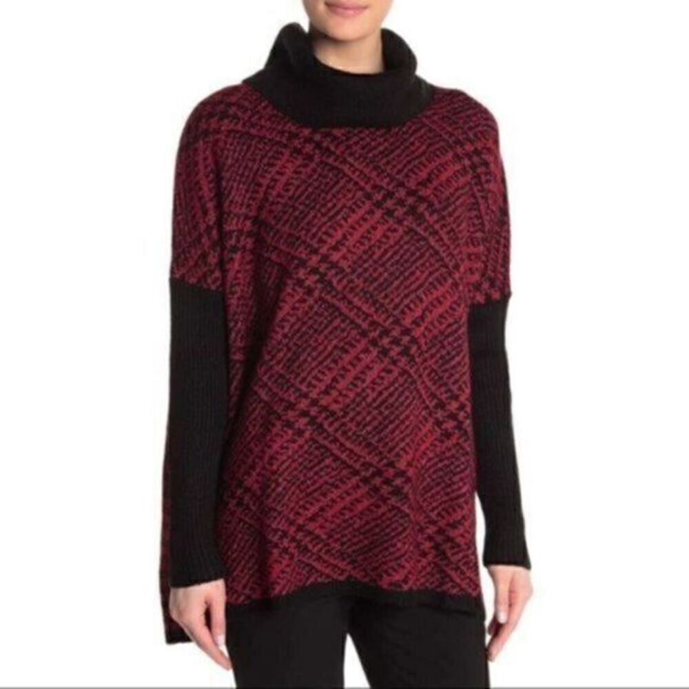 Joseph A Cowl Neck Printed Knit oversized Sweater Red Black Plaid Medium NWT